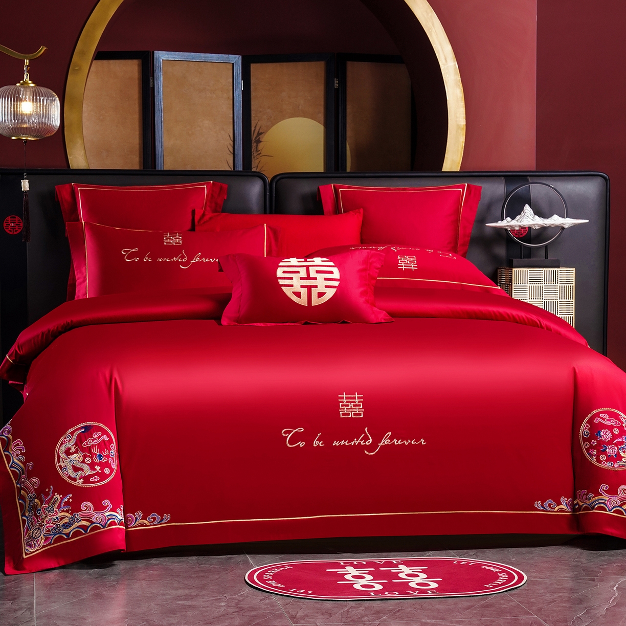 91家纺网 家纺一手货源 找家纺 置顶家纺 2025新款新中式婚庆亲肤刺绣四件套 龙凤呈祥-大红