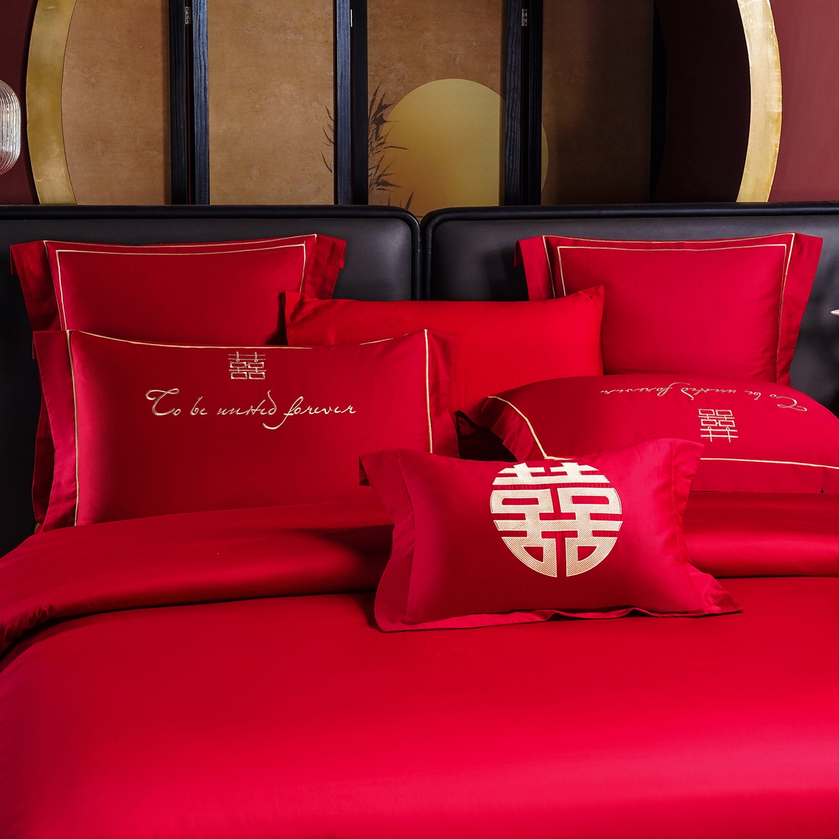 91家纺网 家纺一手货源 找家纺 置顶家纺 2025新款新中式婚庆亲肤刺绣四件套 龙凤呈祥-大红