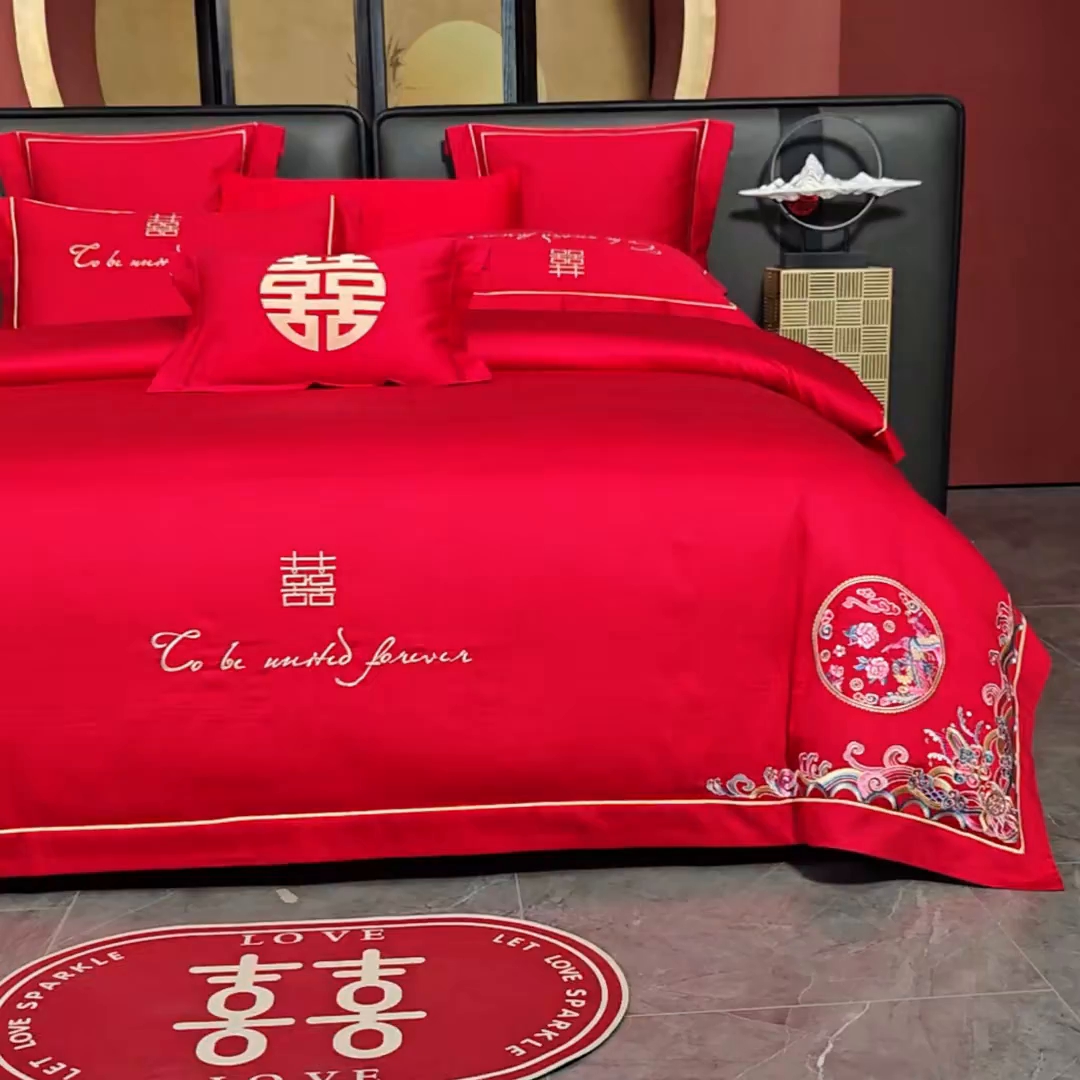 91家纺网 家纺一手货源 找家纺 置顶家纺 2025新款新中式婚庆亲肤刺绣四件套 龙凤呈祥-大红