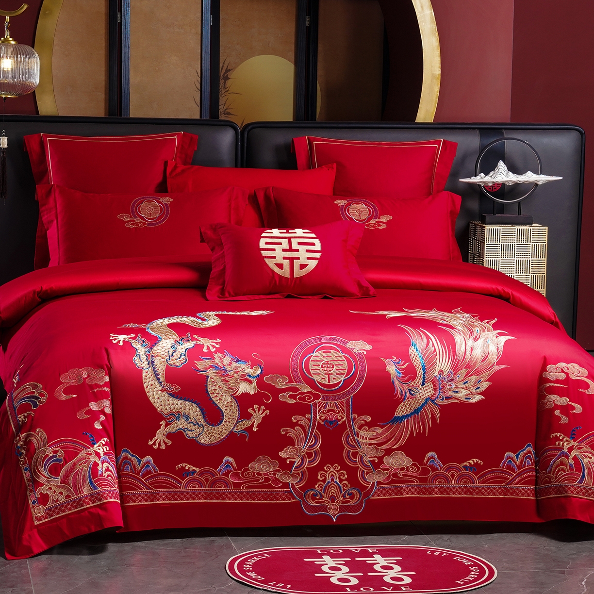 91家纺网 家纺一手货源 找家纺 置顶家纺 2025新款新中式婚庆亲肤刺绣四件套 龙凤大喜-大红