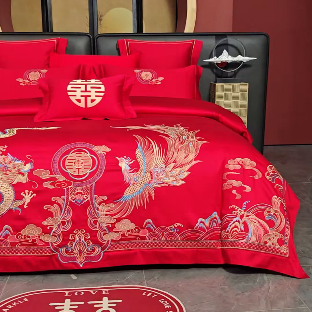 91家纺网 家纺一手货源 找家纺 置顶家纺 2025新款新中式婚庆亲肤刺绣四件套 龙凤大喜-大红