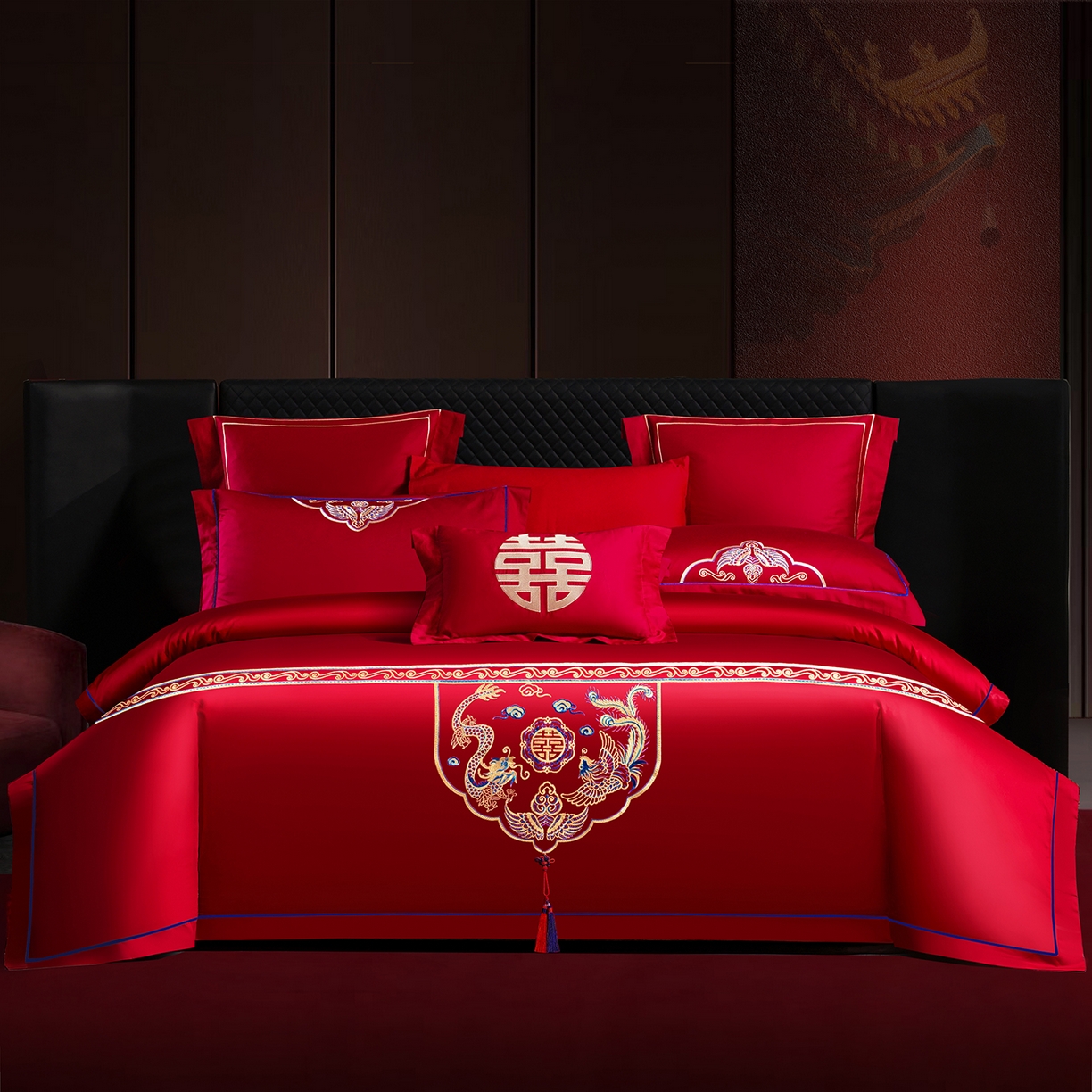 91家纺网 家纺一手货源 找家纺 置顶家纺 2025新款新中式婚庆亲肤刺绣四件套 龙凤喜缘-大红