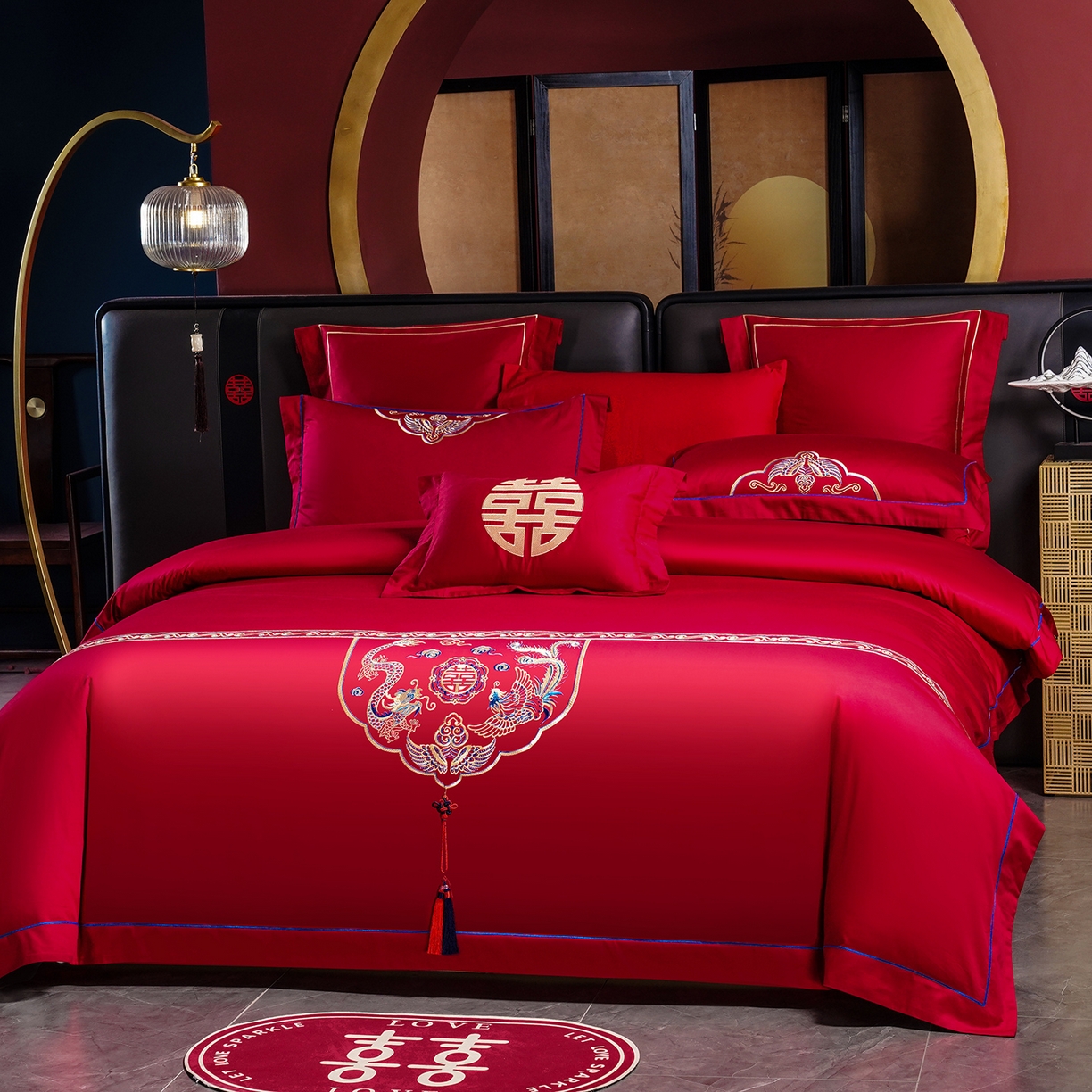 91家纺网 家纺一手货源 找家纺 置顶家纺 2025新款新中式婚庆亲肤刺绣四件套 龙凤喜缘-大红