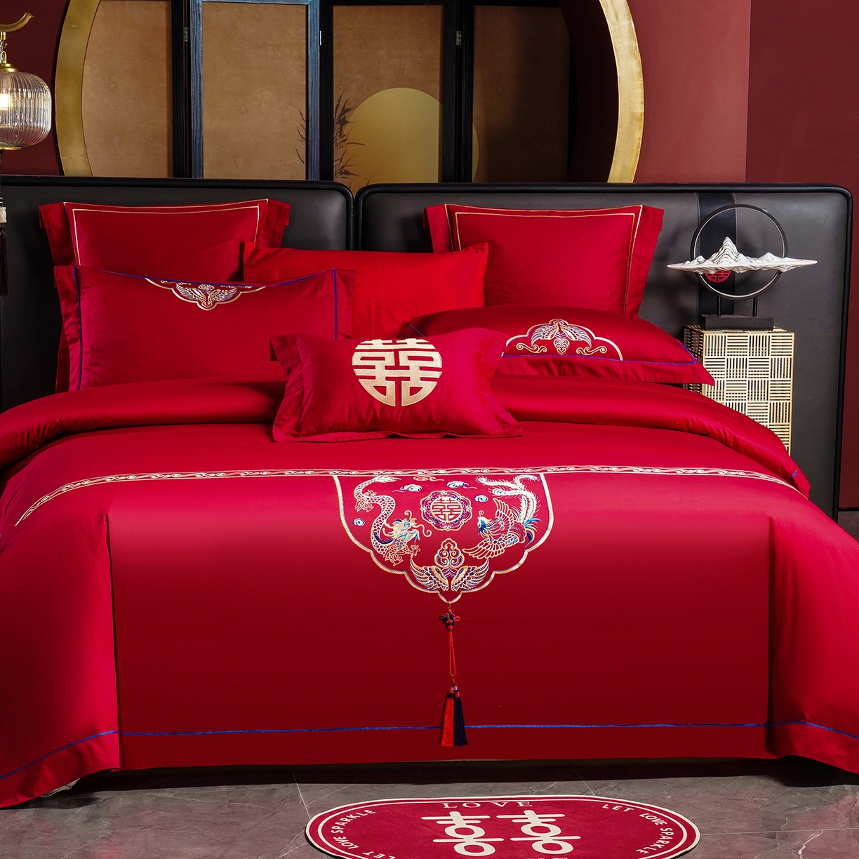 91家纺网 家纺一手货源 找家纺 置顶家纺 2025新款新中式婚庆亲肤刺绣四件套 龙凤喜缘-大红