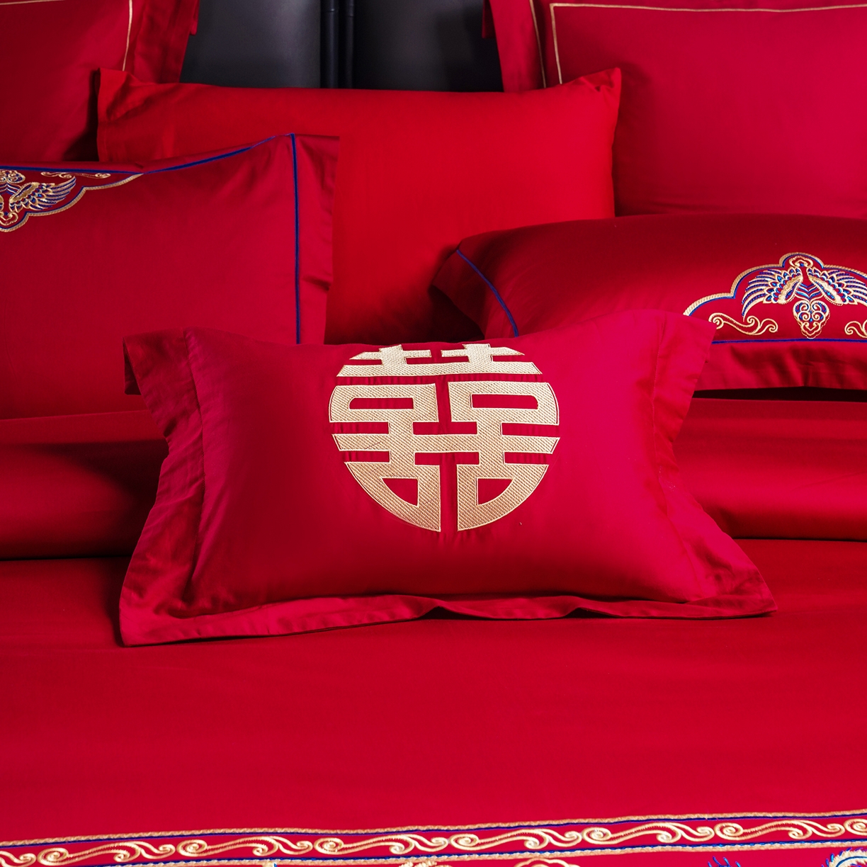 91家纺网 家纺一手货源 找家纺 置顶家纺 2025新款新中式婚庆亲肤刺绣四件套 龙凤喜缘-大红