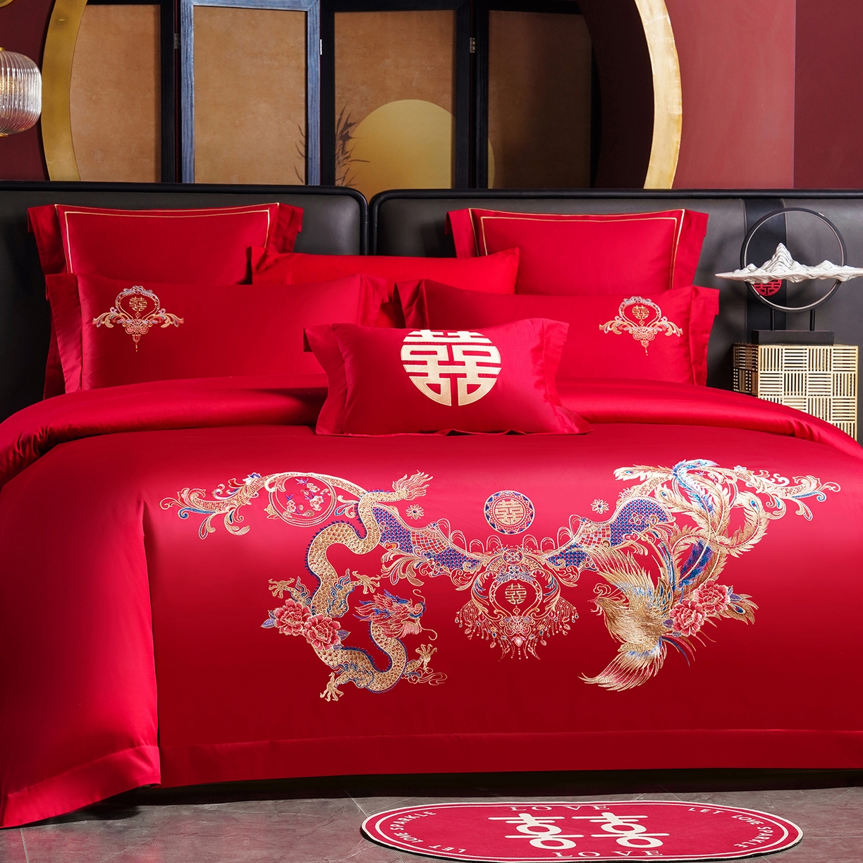 91家纺网 家纺一手货源 找家纺 置顶家纺 2025新款新中式婚庆亲肤刺绣四件套 龙凤喜至-大红