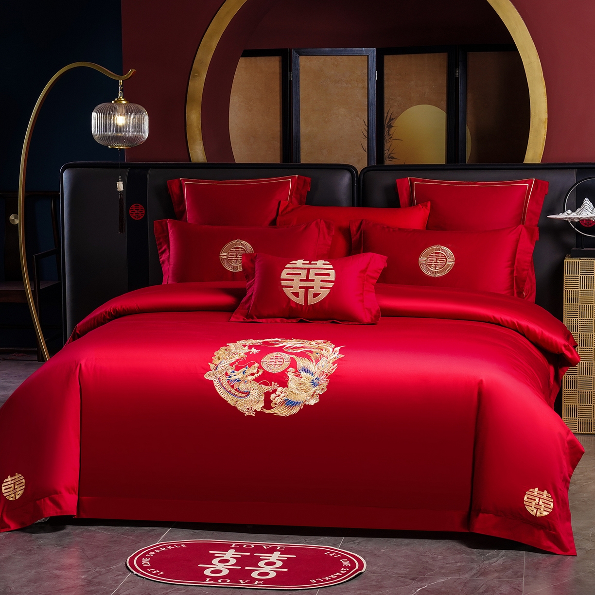 91家纺网 家纺一手货源 找家纺 置顶家纺 2025新款新中式婚庆亲肤刺绣四件套 龙华凤贵-大红