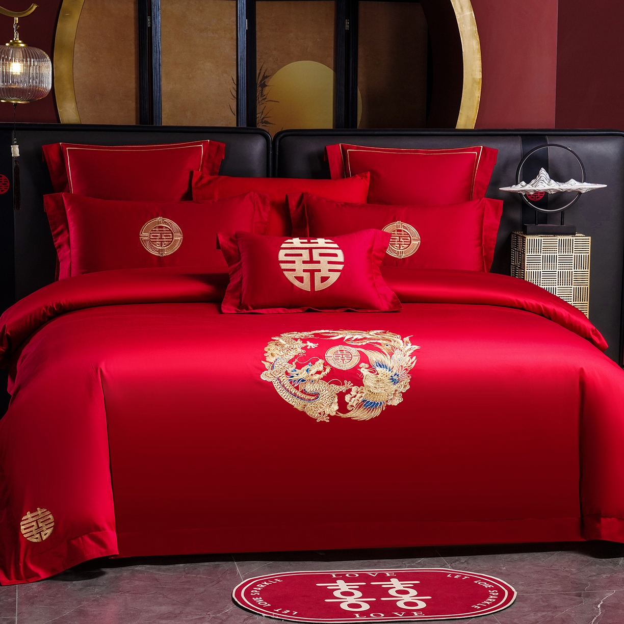 91家纺网 家纺一手货源 找家纺 置顶家纺 2025新款新中式婚庆亲肤刺绣四件套 龙华凤贵-大红