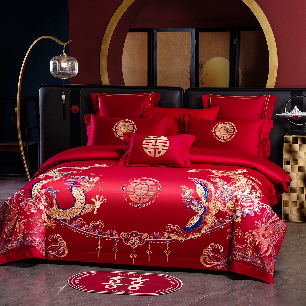 91家纺网 家纺一手货源 找家纺 置顶家纺 2025新款新中式婚庆亲肤刺绣四件套 龙腾凤悦-大红