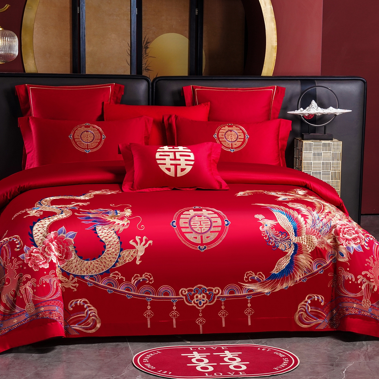 91家纺网 家纺一手货源 找家纺 置顶家纺 2025新款新中式婚庆亲肤刺绣四件套 龙腾凤悦-大红