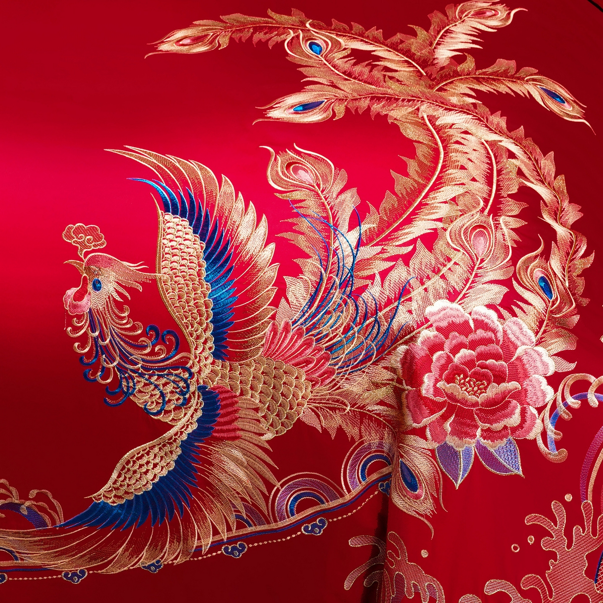 91家纺网 家纺一手货源 找家纺 置顶家纺 2025新款新中式婚庆亲肤刺绣四件套 龙腾凤悦-大红