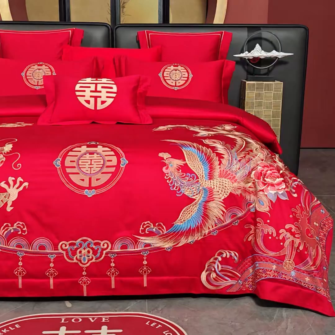 91家纺网 家纺一手货源 找家纺 置顶家纺 2025新款新中式婚庆亲肤刺绣四件套 龙腾凤悦-大红