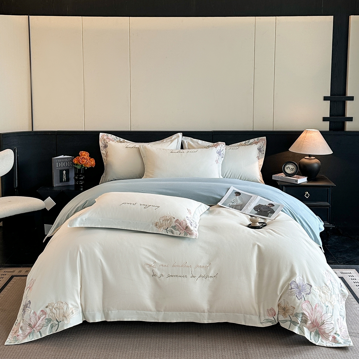 置顶家纺 2025秋冬新款加厚全棉磨毛四件套-秘密花园 秘密花园-奶白+蓝