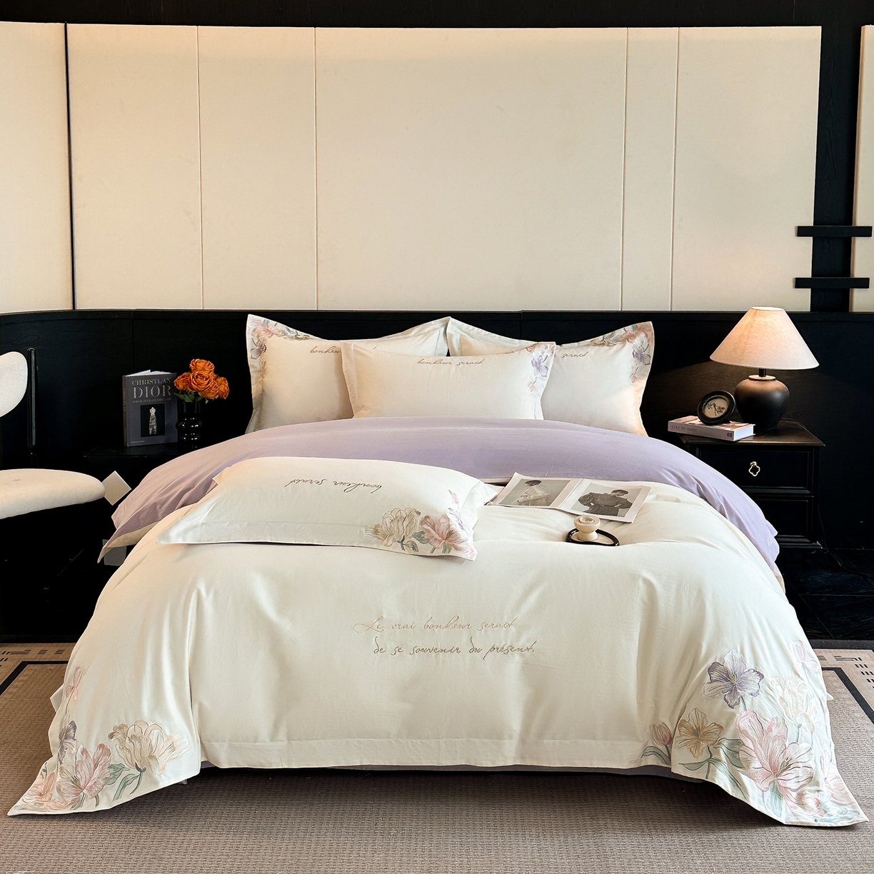 置顶家纺 2025秋冬新款加厚全棉磨毛四件套-秘密花园 秘密花园-奶白+香芋紫