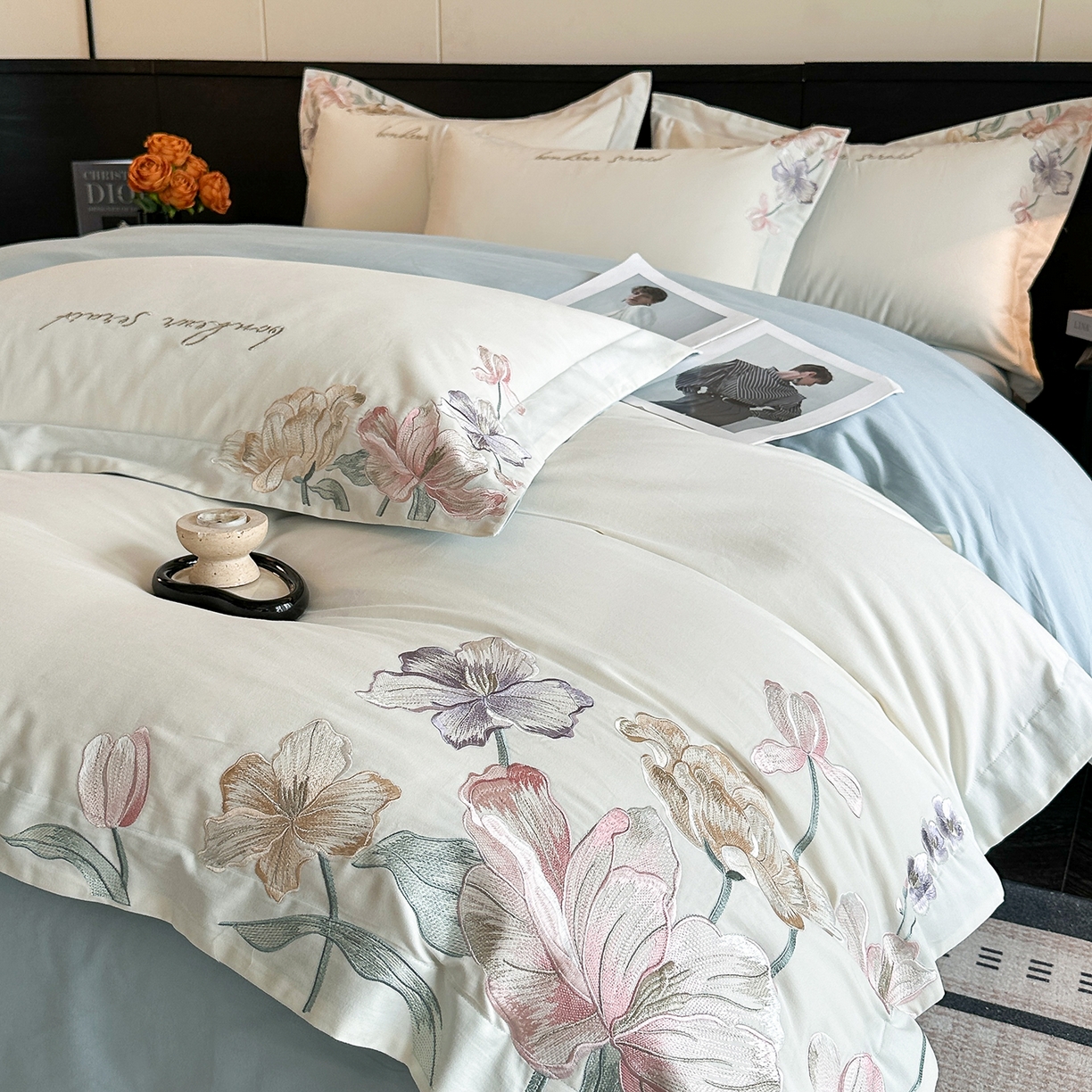 91家纺网 家纺一手货源 找家纺 置顶家纺 2025秋冬新款加厚全棉磨毛四件套-秘密花园 秘密花园-奶白+蓝