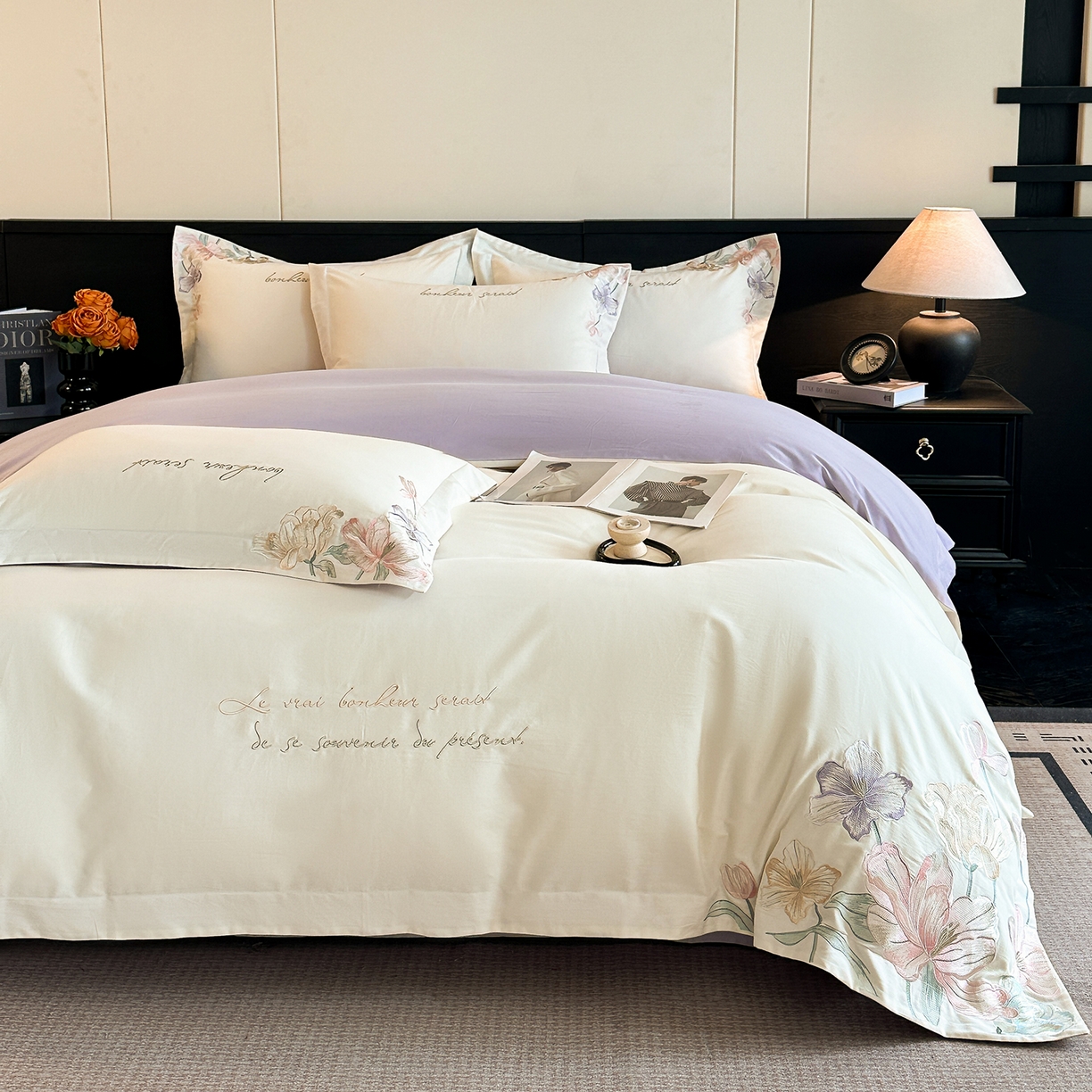 91家纺网 家纺一手货源 找家纺 置顶家纺 2025秋冬新款加厚全棉磨毛四件套-秘密花园 秘密花园-奶白+香芋紫