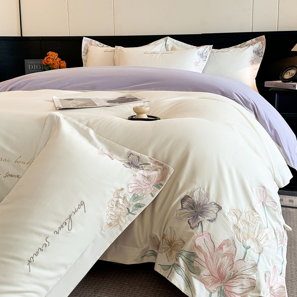 91家纺网 家纺一手货源 找家纺 置顶家纺 2025秋冬新款加厚全棉磨毛四件套-秘密花园 秘密花园-奶白+香芋紫