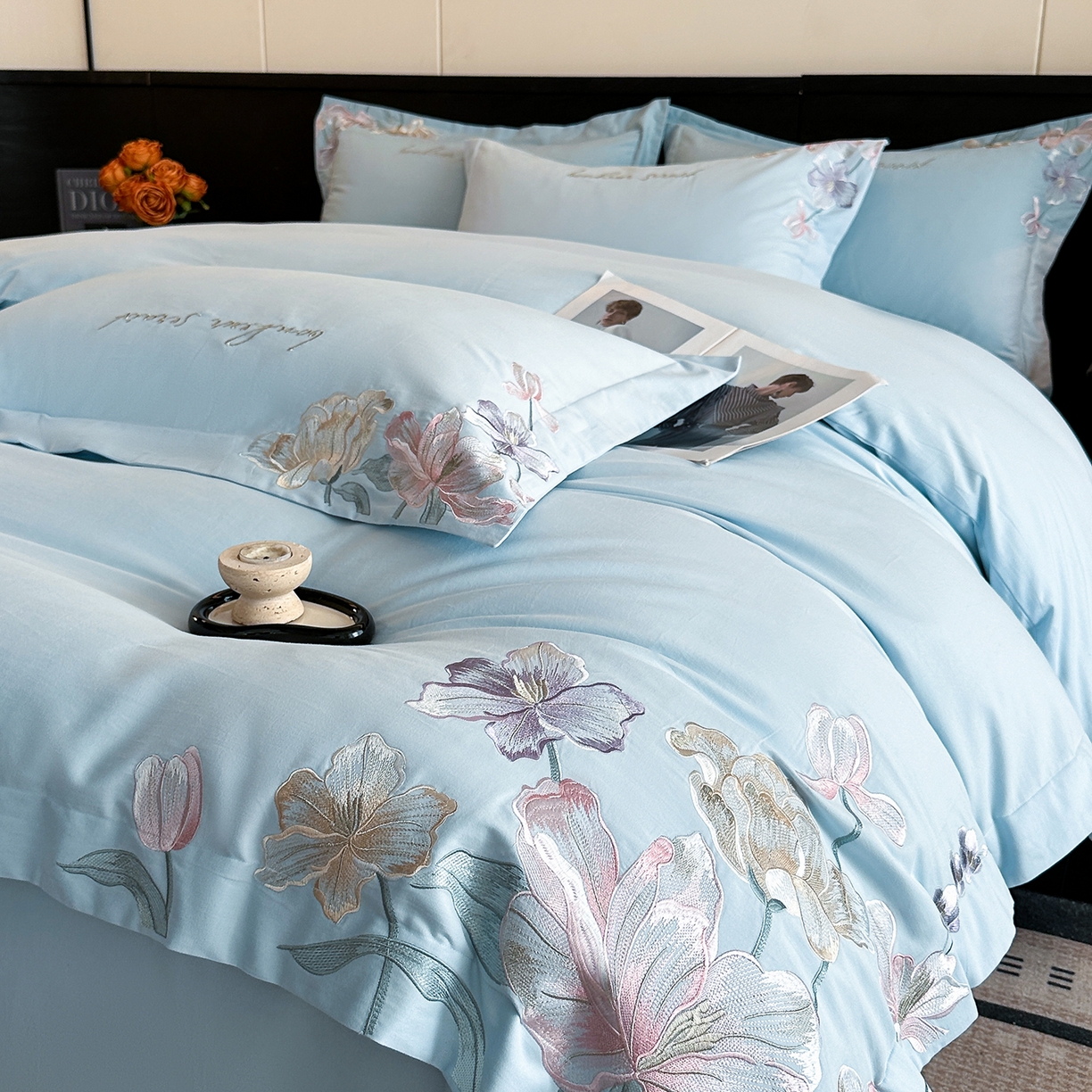 91家纺网 家纺一手货源 找家纺 置顶家纺 2025秋冬新款加厚全棉磨毛四件套-秘密花园 秘密花园-天空蓝