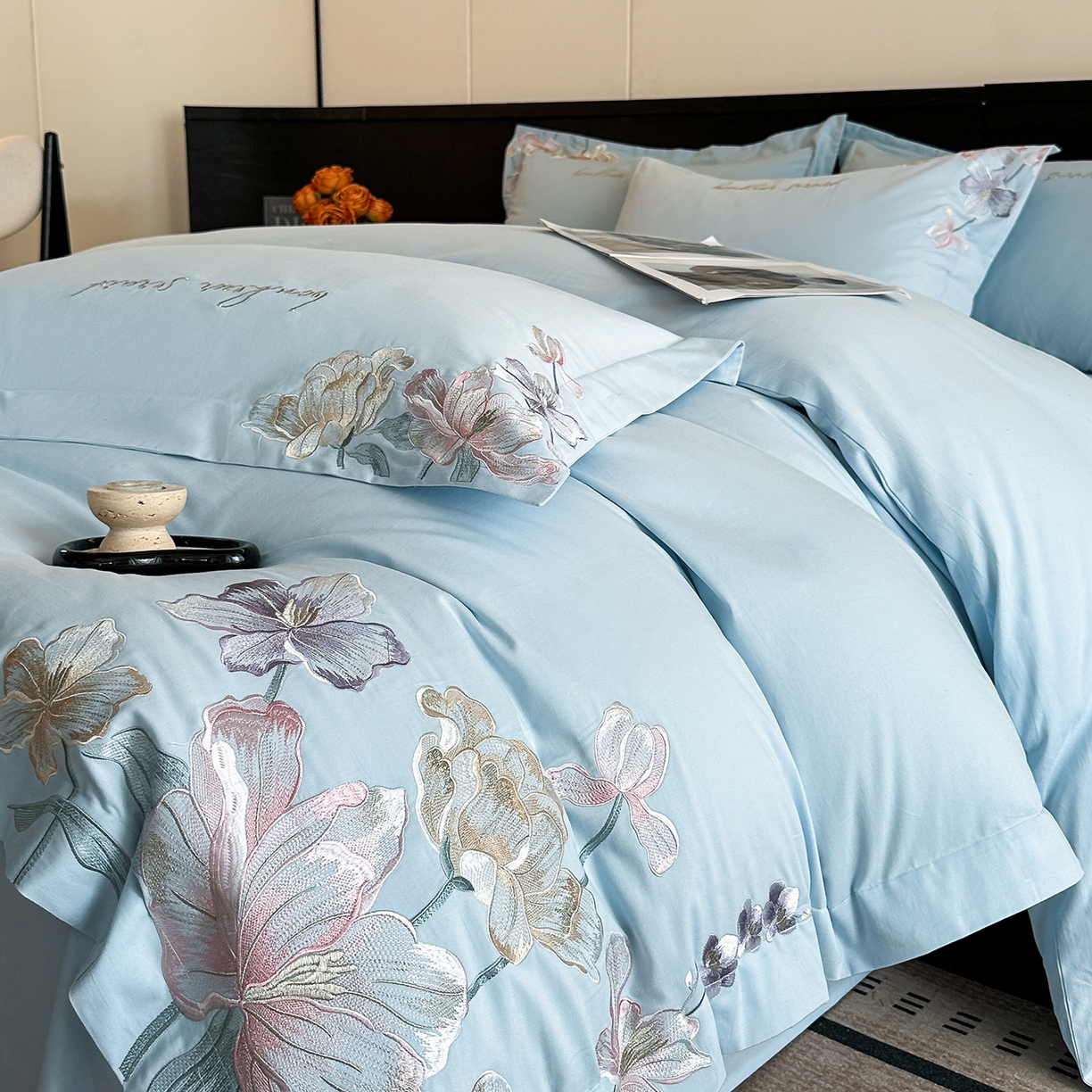 91家纺网 家纺一手货源 找家纺 置顶家纺 2025秋冬新款加厚全棉磨毛四件套-秘密花园 秘密花园-天空蓝