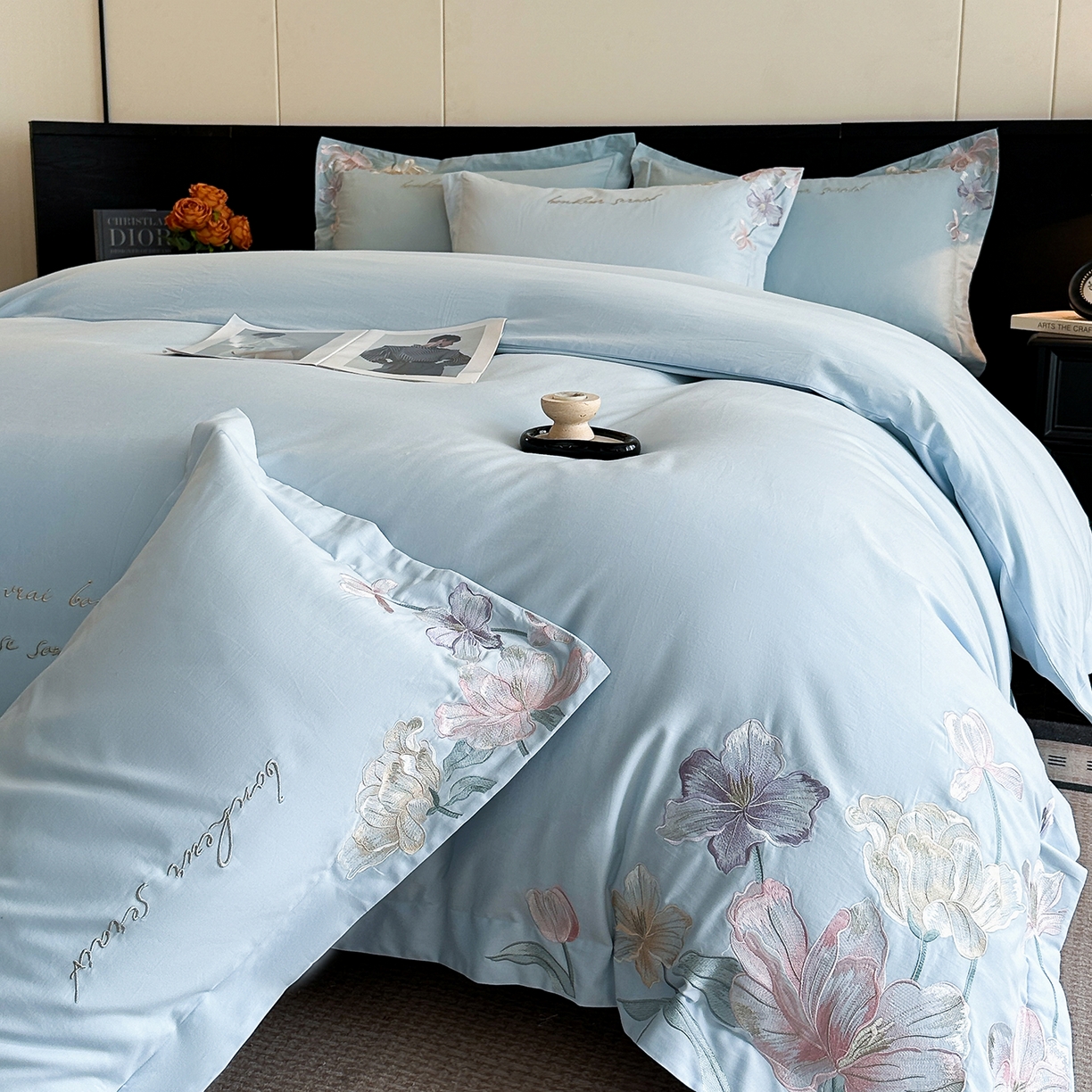 91家纺网 家纺一手货源 找家纺 置顶家纺 2025秋冬新款加厚全棉磨毛四件套-秘密花园 秘密花园-天空蓝