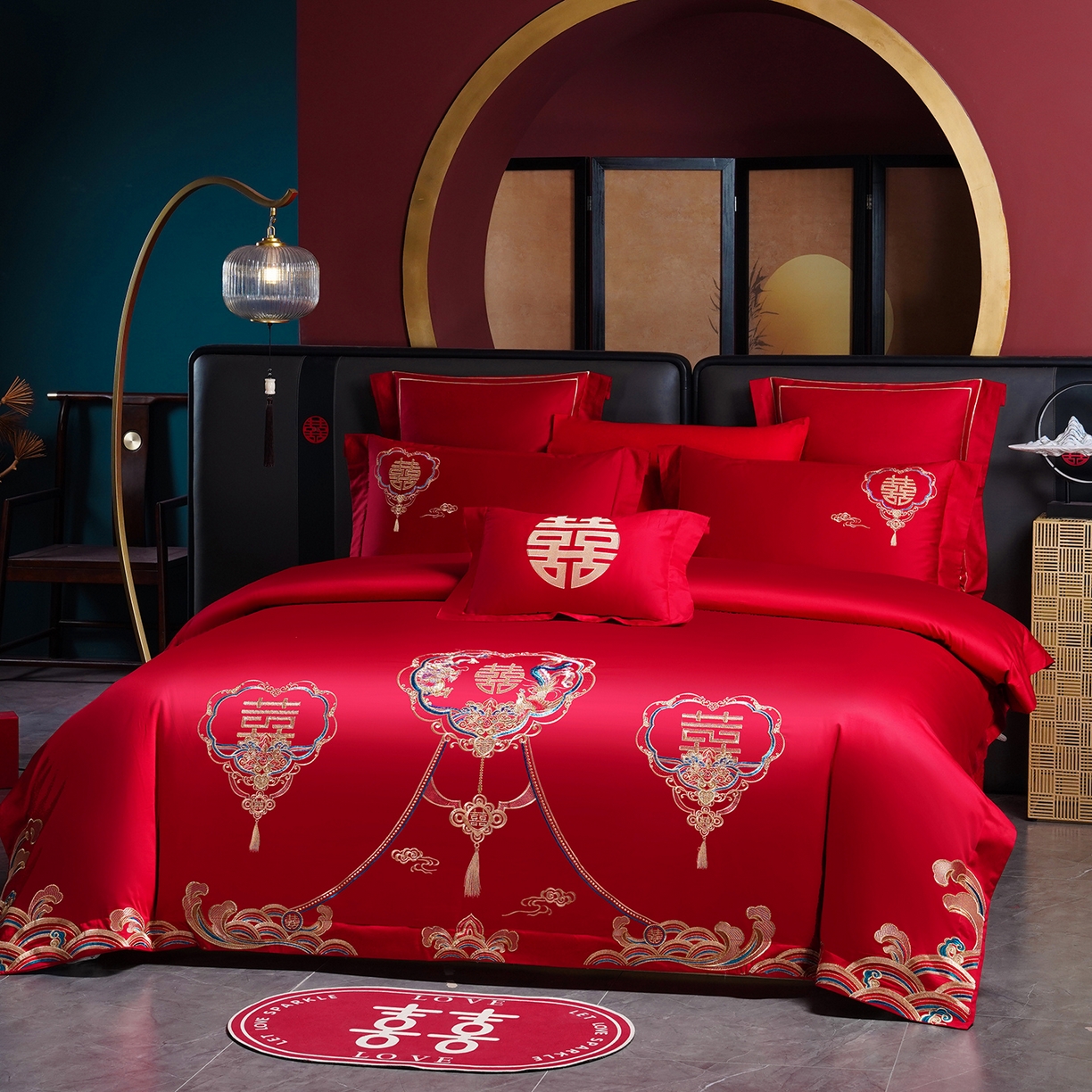 91家纺网 家纺一手货源 找家纺 置顶家纺 2025新款新中式婚庆亲肤刺绣四件套 龙章凤姿-大红