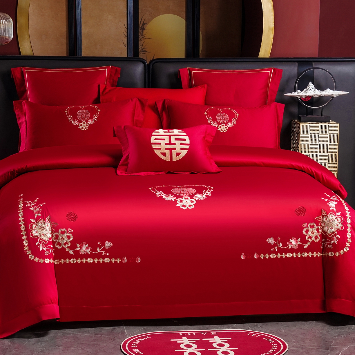 91家纺网 家纺一手货源 找家纺 置顶家纺 2025新款新中式婚庆亲肤刺绣四件套 倾心-大红