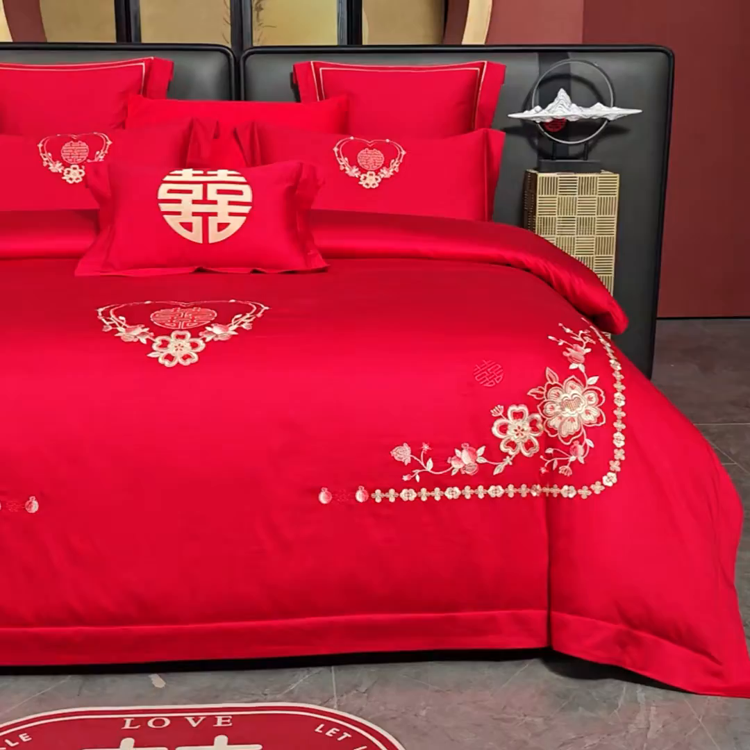 91家纺网 家纺一手货源 找家纺 置顶家纺 2025新款新中式婚庆亲肤刺绣四件套 倾心-大红