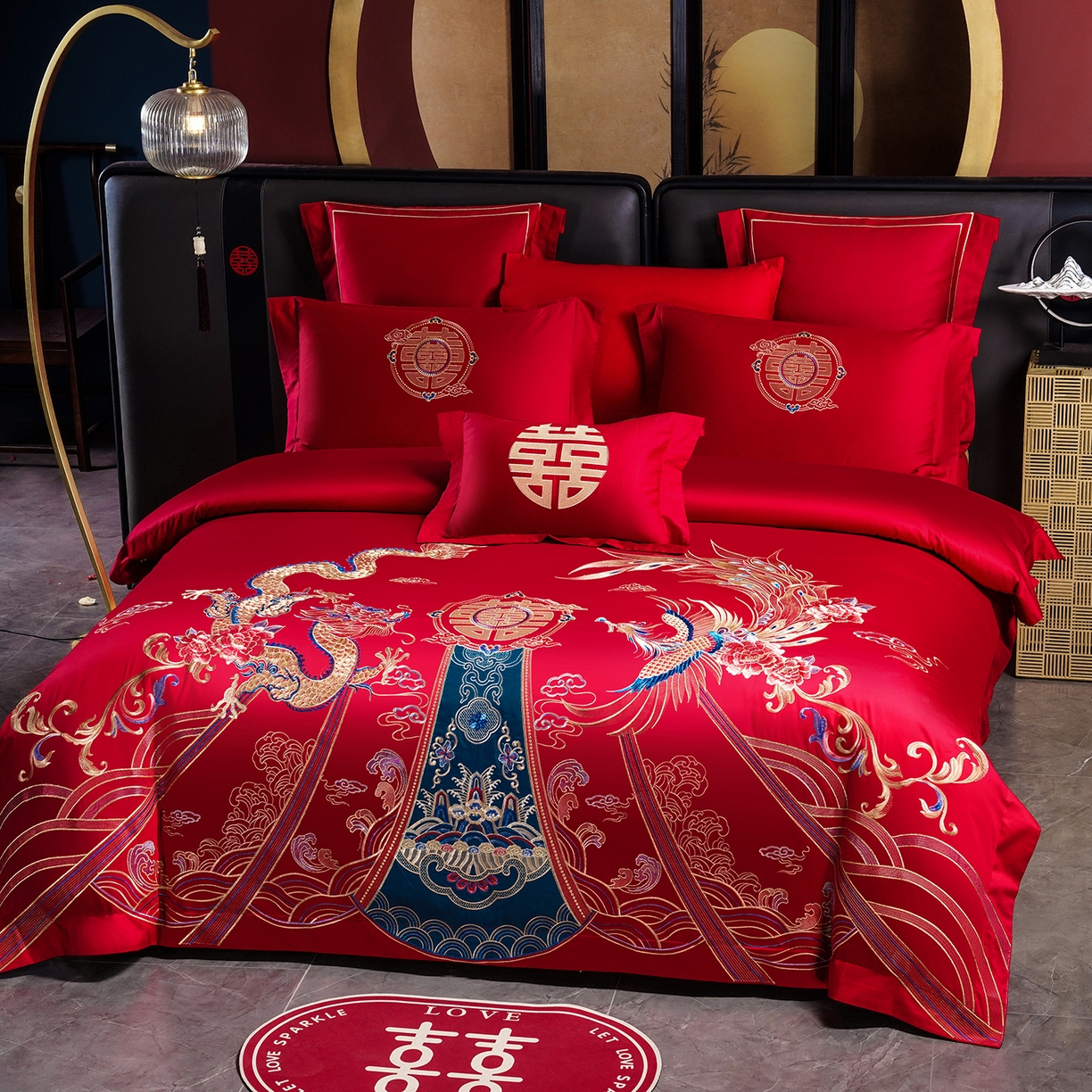 91家纺网 家纺一手货源 找家纺 置顶家纺 2025新款新中式婚庆亲肤刺绣四件套 盛世龙凤-大红