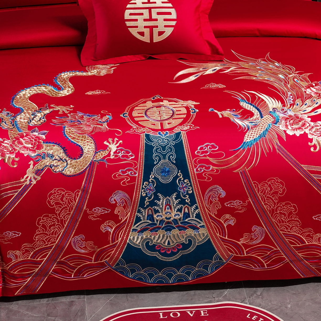 91家纺网 家纺一手货源 找家纺 置顶家纺 2025新款新中式婚庆亲肤刺绣四件套 盛世龙凤-大红