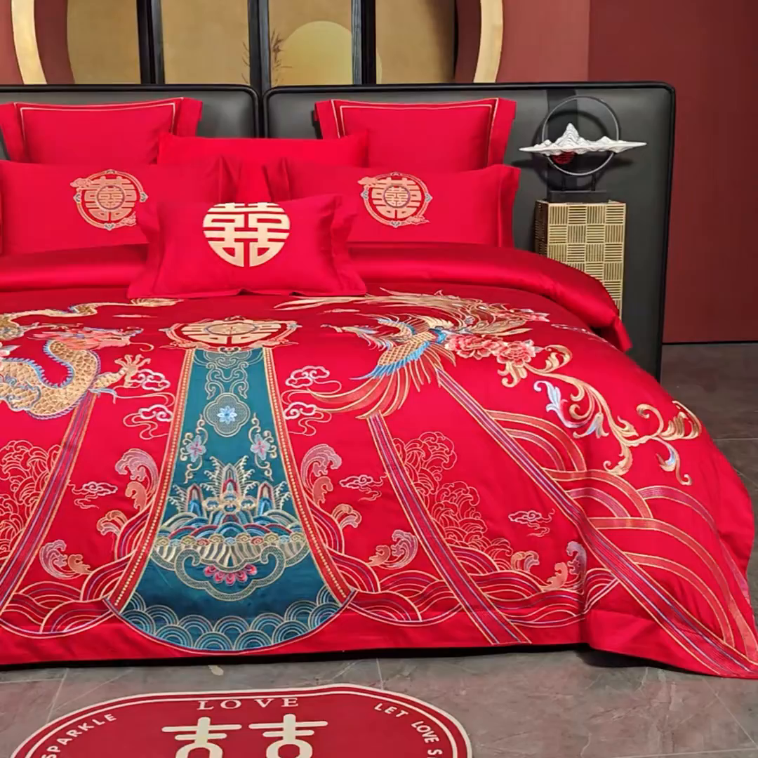 91家纺网 家纺一手货源 找家纺 置顶家纺 2025新款新中式婚庆亲肤刺绣四件套 盛世龙凤-大红