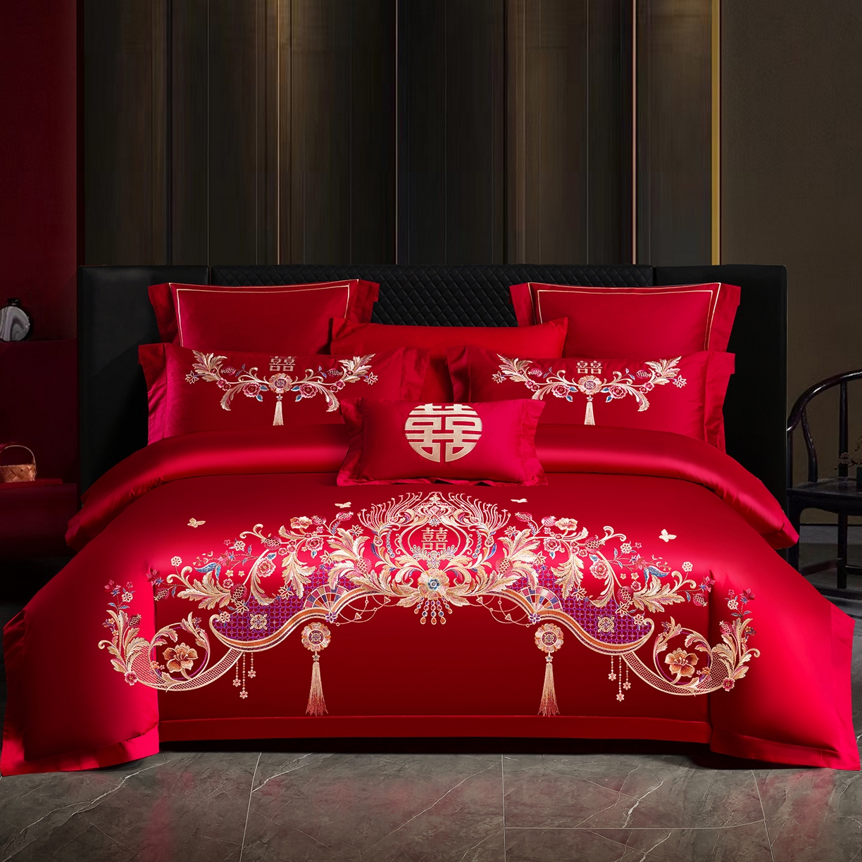 91家纺网 家纺一手货源 找家纺 置顶家纺 2025新款新中式婚庆亲肤刺绣四件套 天作之合-大红