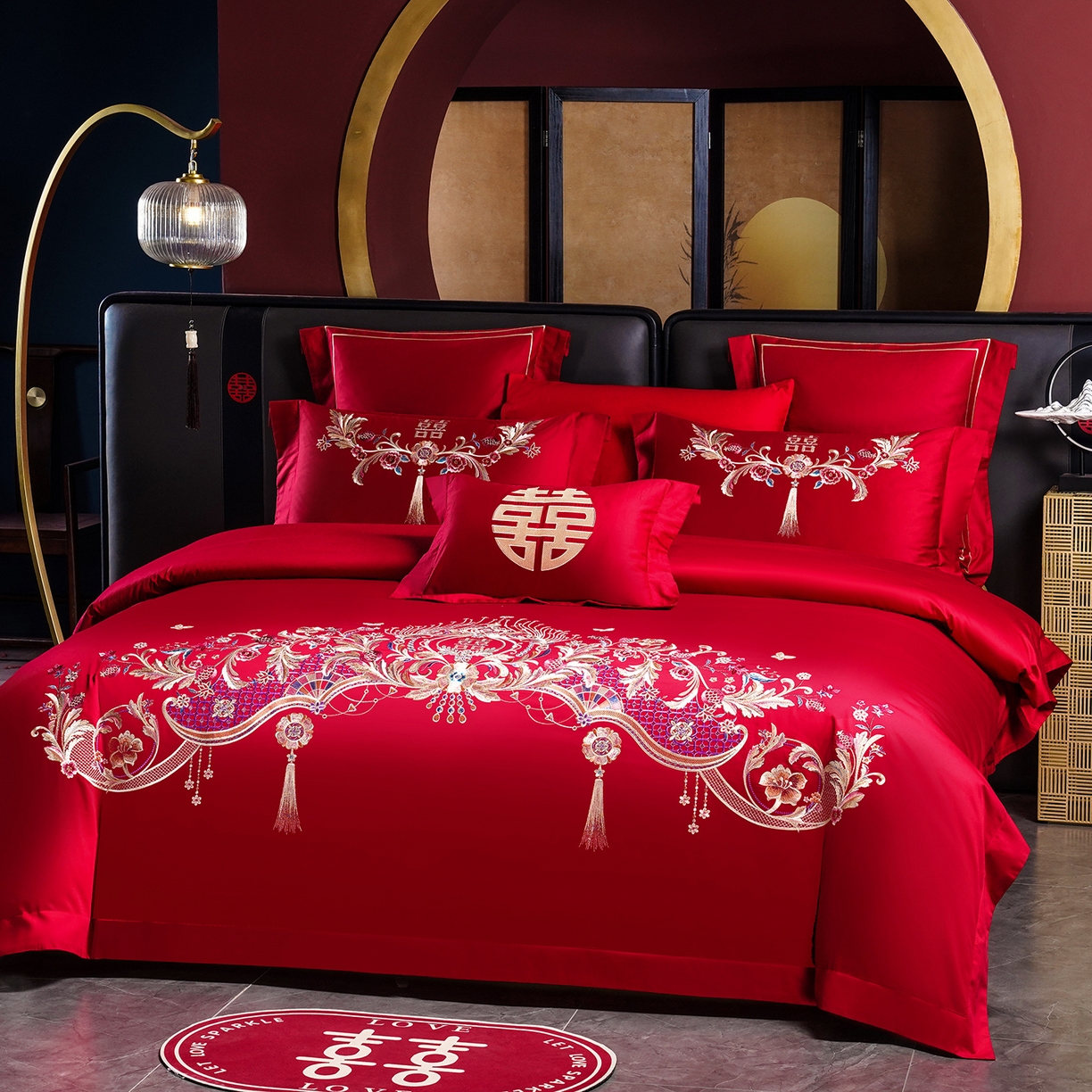 91家纺网 家纺一手货源 找家纺 置顶家纺 2025新款新中式婚庆亲肤刺绣四件套 天作之合-大红