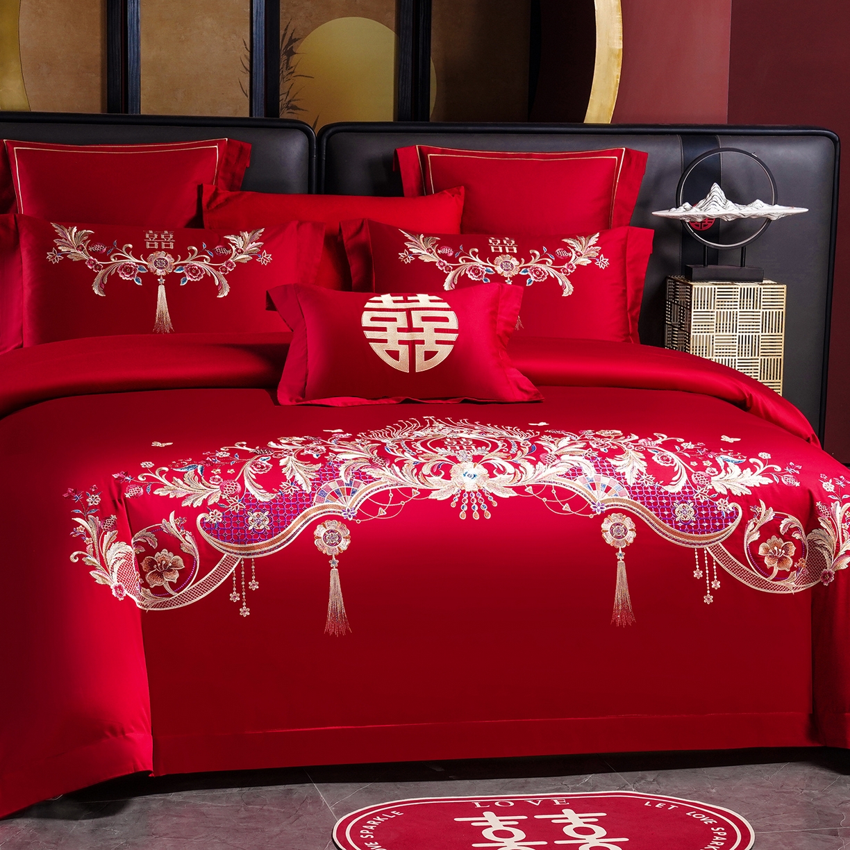 91家纺网 家纺一手货源 找家纺 置顶家纺 2025新款新中式婚庆亲肤刺绣四件套 天作之合-大红