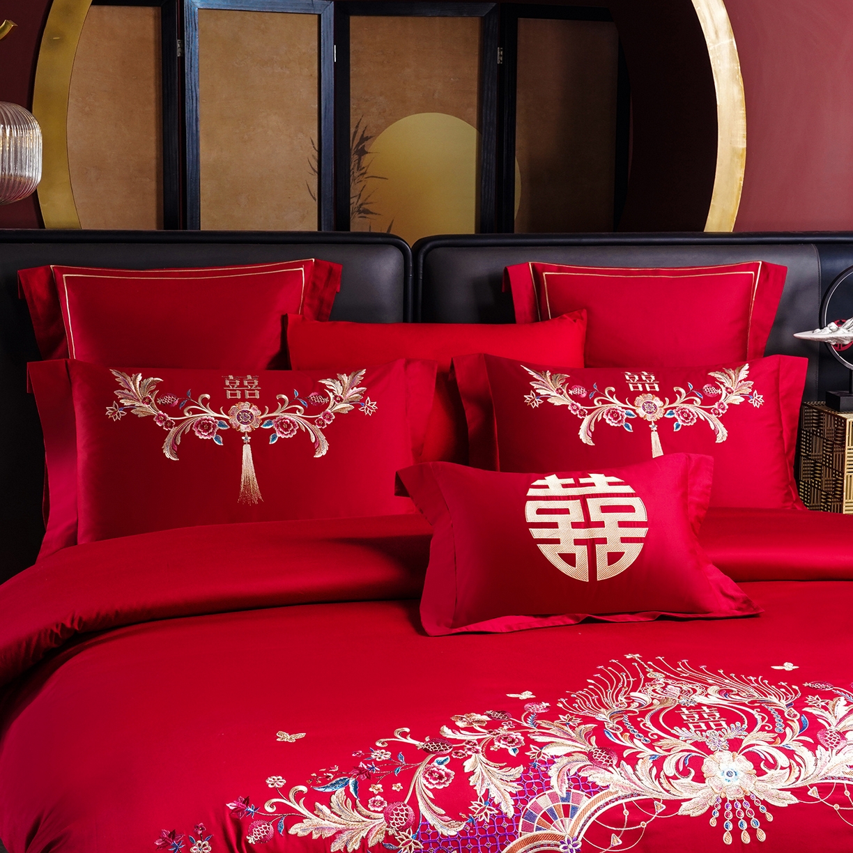 91家纺网 家纺一手货源 找家纺 置顶家纺 2025新款新中式婚庆亲肤刺绣四件套 天作之合-大红