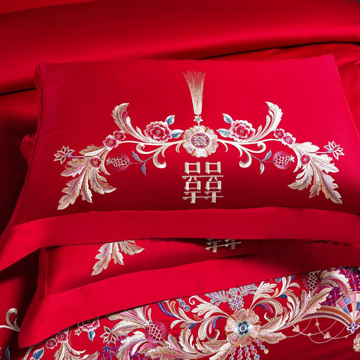 91家纺网 家纺一手货源 找家纺 置顶家纺 2025新款新中式婚庆亲肤刺绣四件套 天作之合-大红
