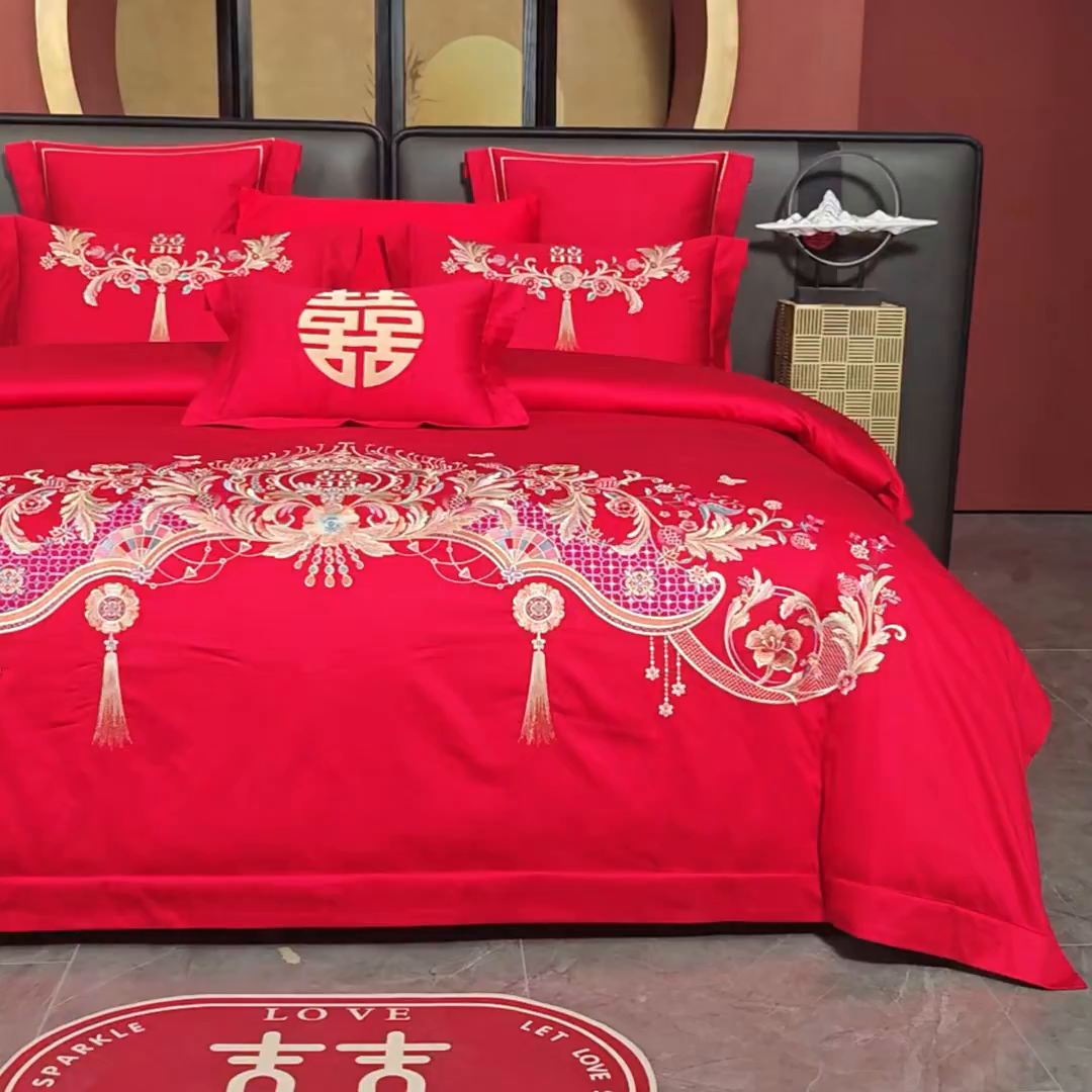 91家纺网 家纺一手货源 找家纺 置顶家纺 2025新款新中式婚庆亲肤刺绣四件套 天作之合-大红