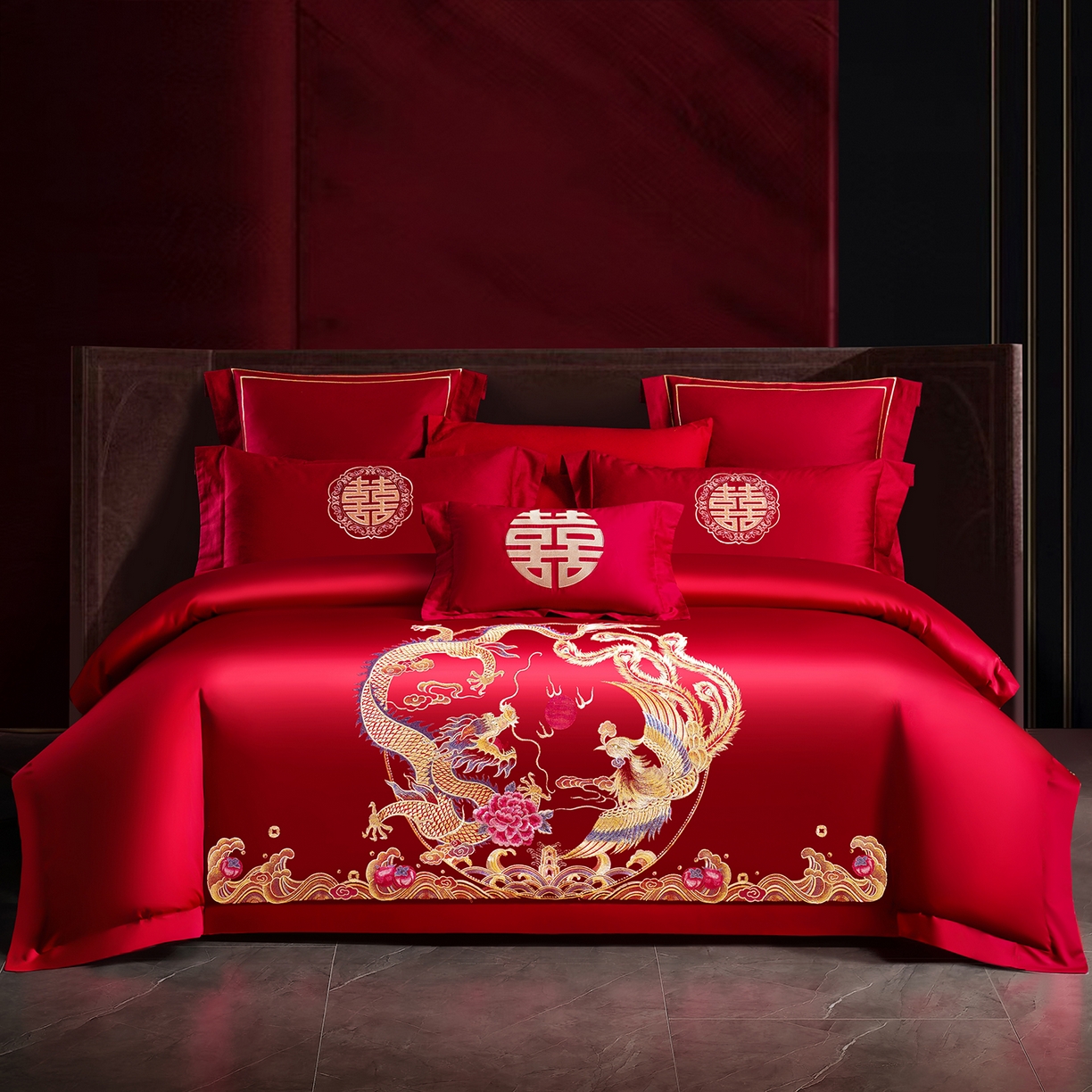 91家纺网 家纺一手货源 找家纺 置顶家纺 2025新款新中式婚庆亲肤刺绣四件套 万事兴龙-大红