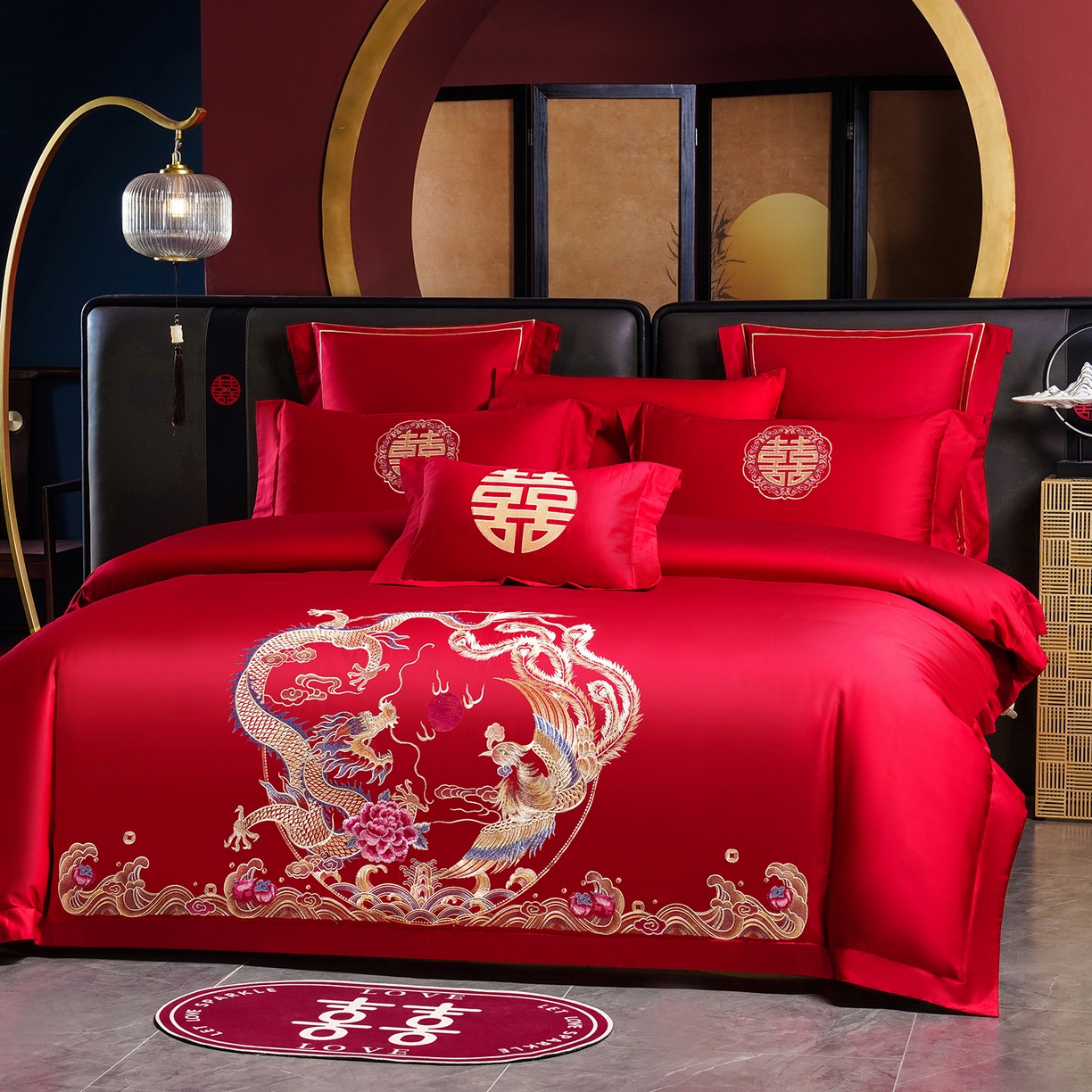 91家纺网 家纺一手货源 找家纺 置顶家纺 2025新款新中式婚庆亲肤刺绣四件套 万事兴龙-大红