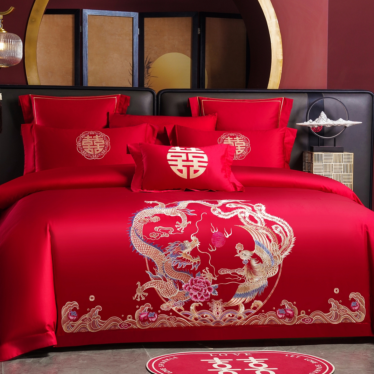 91家纺网 家纺一手货源 找家纺 置顶家纺 2025新款新中式婚庆亲肤刺绣四件套 万事兴龙-大红