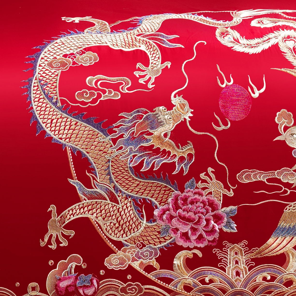 91家纺网 家纺一手货源 找家纺 置顶家纺 2025新款新中式婚庆亲肤刺绣四件套 万事兴龙-大红