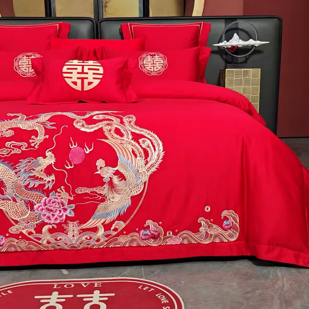 91家纺网 家纺一手货源 找家纺 置顶家纺 2025新款新中式婚庆亲肤刺绣四件套 万事兴龙-大红