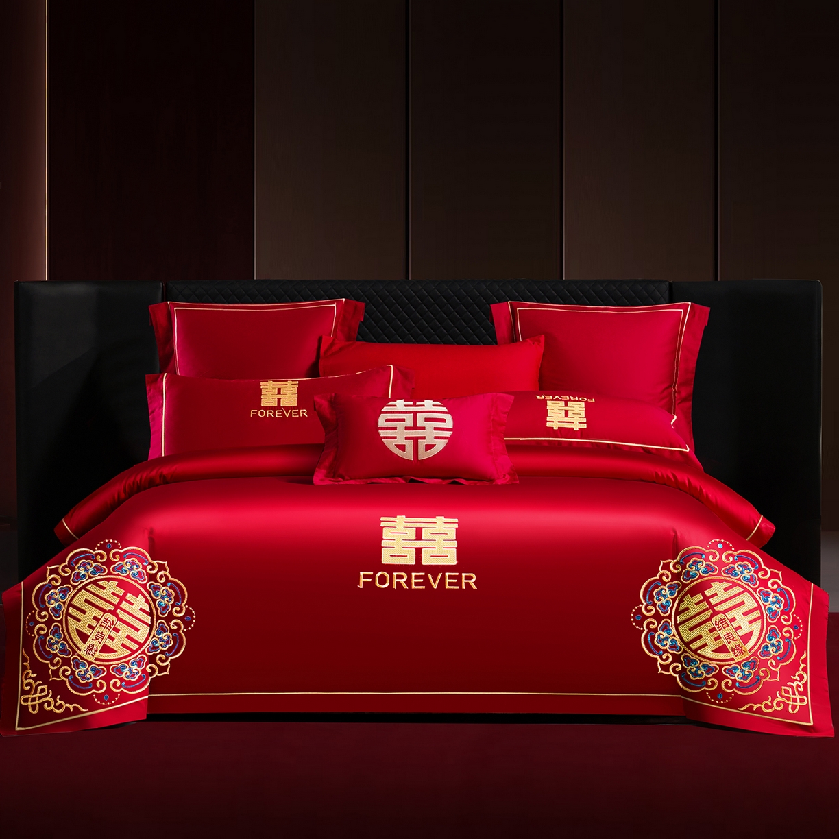 91家纺网 家纺一手货源 找家纺 置顶家纺 2025新款新中式婚庆亲肤刺绣四件套 喜结良缘升级版-大红