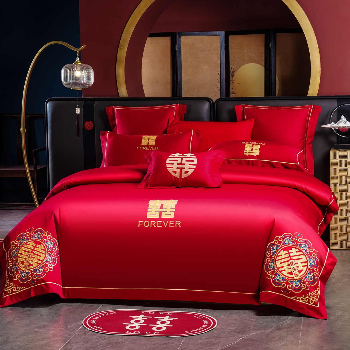 91家纺网 家纺一手货源 找家纺 置顶家纺 2025新款新中式婚庆亲肤刺绣四件套 喜结良缘升级版-大红