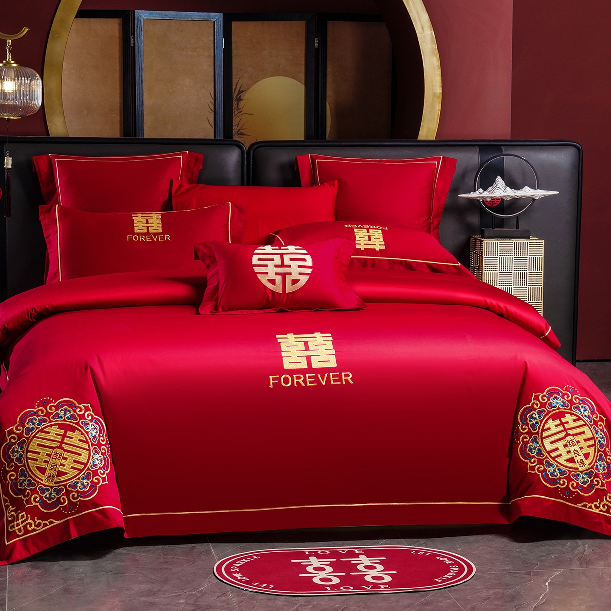 91家纺网 家纺一手货源 找家纺 置顶家纺 2025新款新中式婚庆亲肤刺绣四件套 喜结良缘升级版-大红