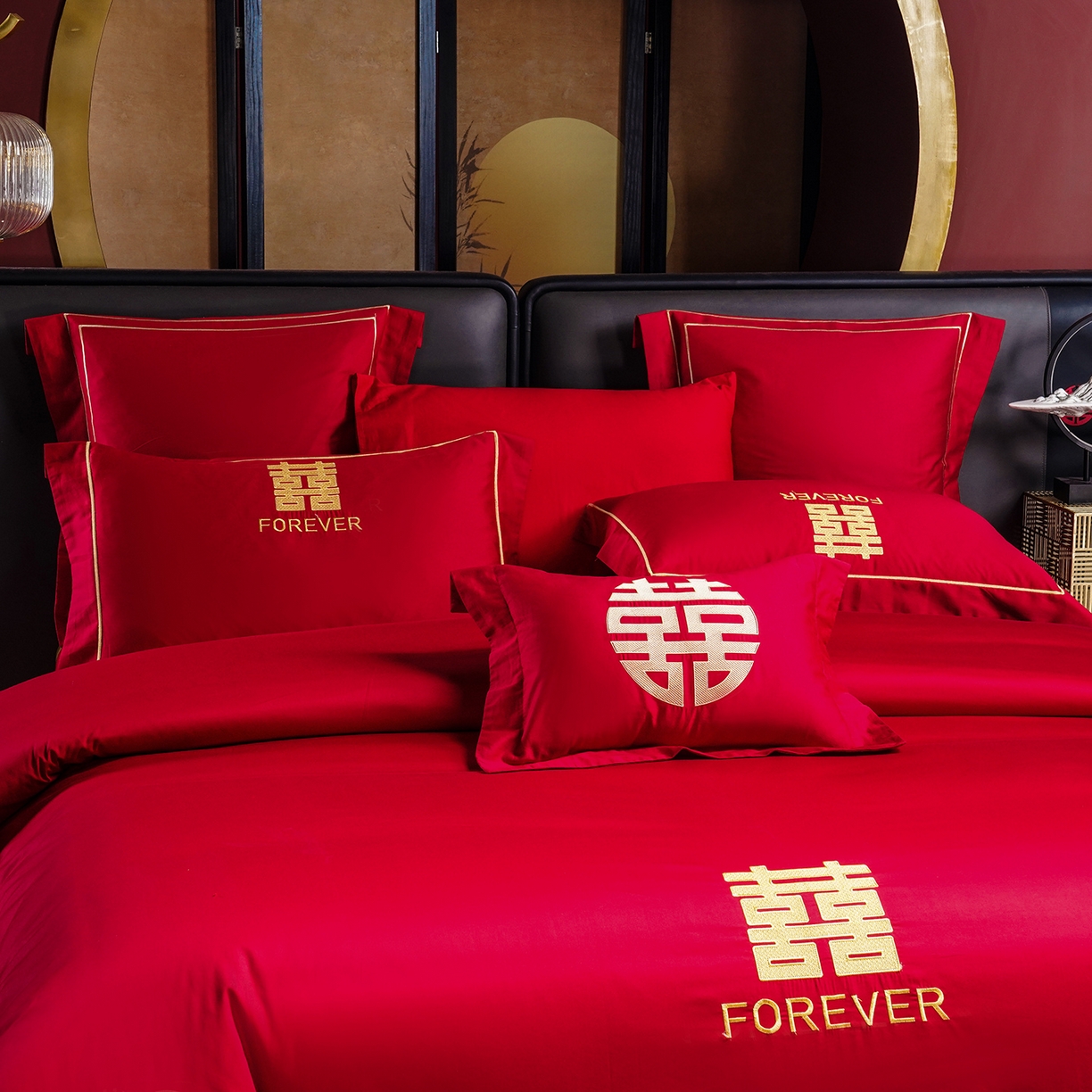 91家纺网 家纺一手货源 找家纺 置顶家纺 2025新款新中式婚庆亲肤刺绣四件套 喜结良缘升级版-大红