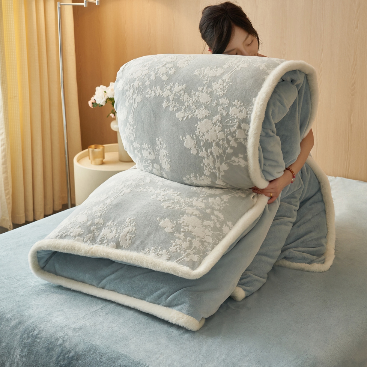 91家纺网 家纺一手货源 找家纺 晨曦家纺 2025新款兔毛包边雕花琅花牛奶绒四件套复古高级感轻奢 花枝