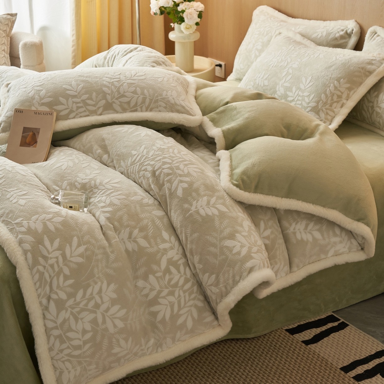 91家纺网 家纺一手货源 找家纺 晨曦家纺 2025新款兔毛包边雕花琅花牛奶绒四件套复古高级感轻奢 叶叶情深