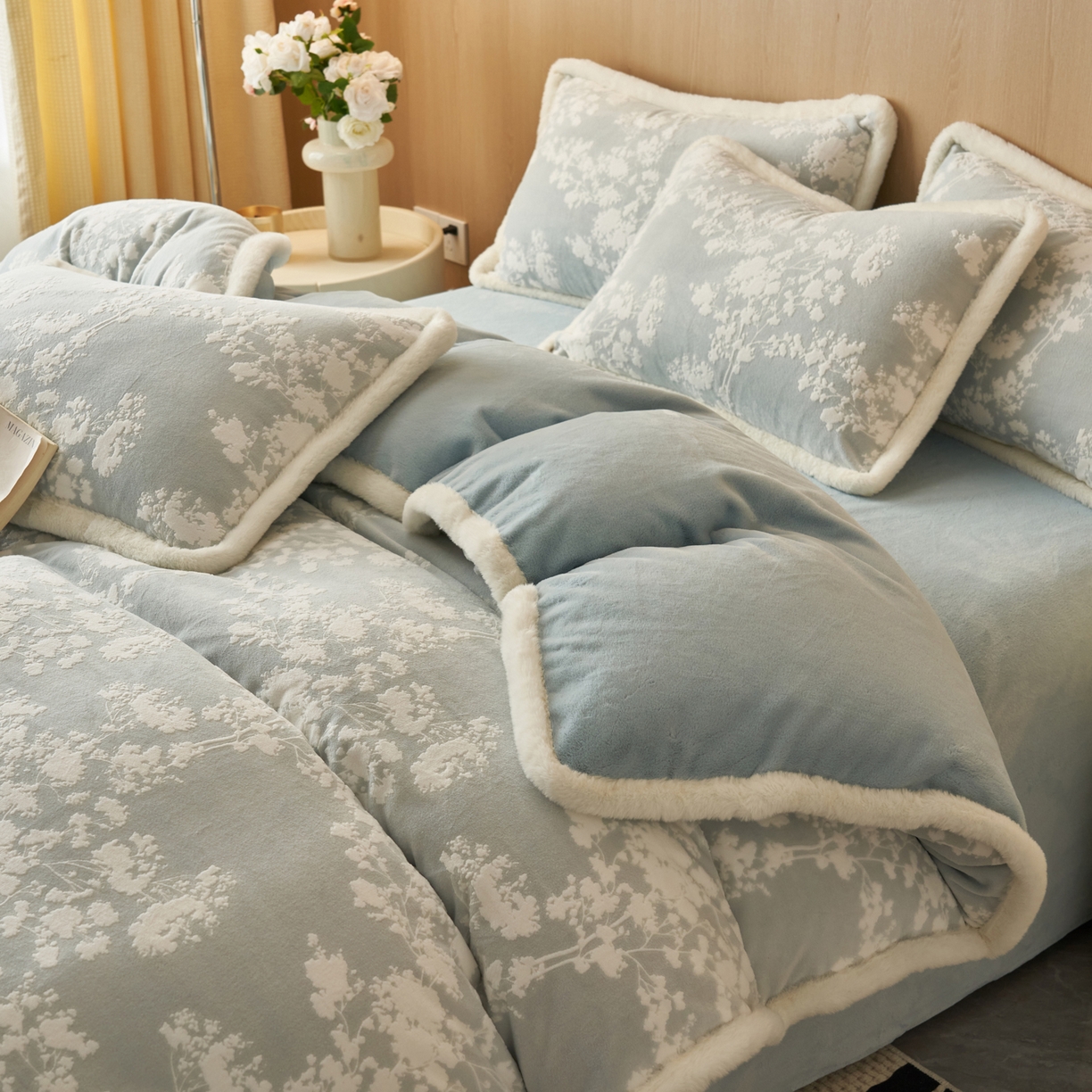 91家纺网 家纺一手货源 找家纺 晨曦家纺 2025新款兔毛包边雕花琅花牛奶绒四件套复古高级感轻奢 花枝