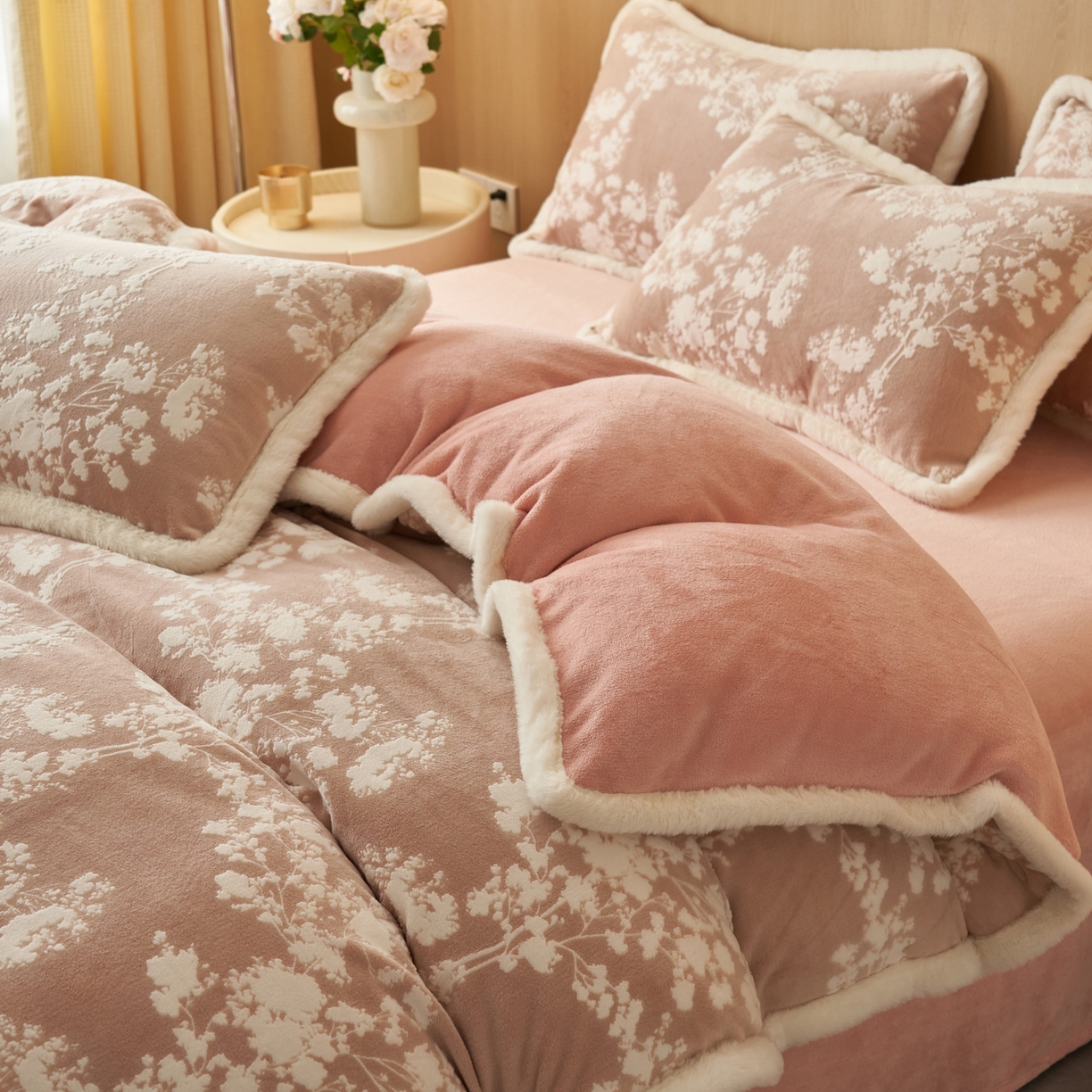 91家纺网 家纺一手货源 找家纺 晨曦家纺 2025新款兔毛包边雕花琅花牛奶绒四件套复古高级感轻奢 粉佳人