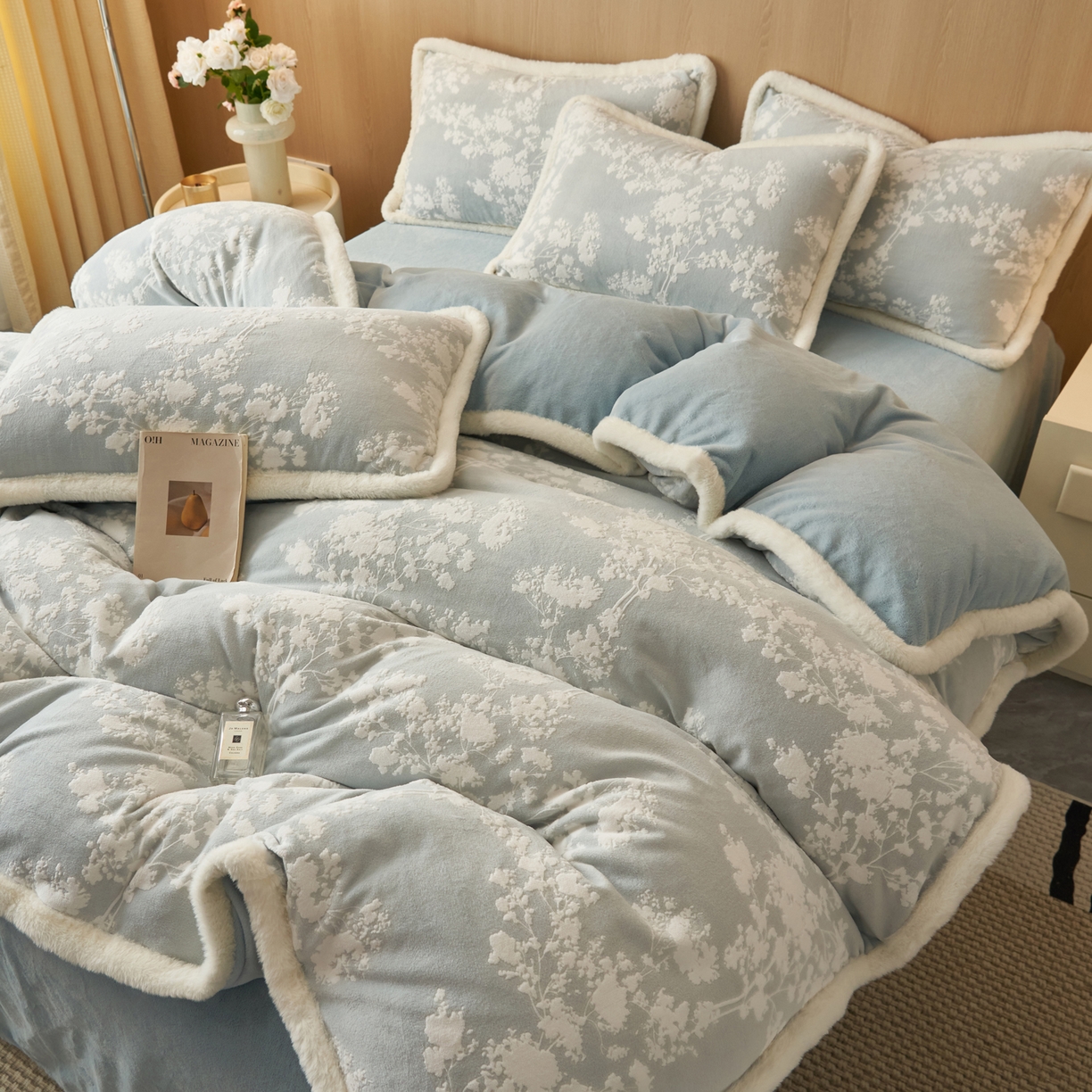 91家纺网 家纺一手货源 找家纺 晨曦家纺 2025新款兔毛包边雕花琅花牛奶绒四件套复古高级感轻奢 花枝